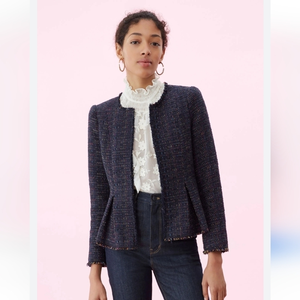 Rebecca Taylor Rainbow Tweed Jacket in Navy. Funfetti. Pleated parts. Size 6.